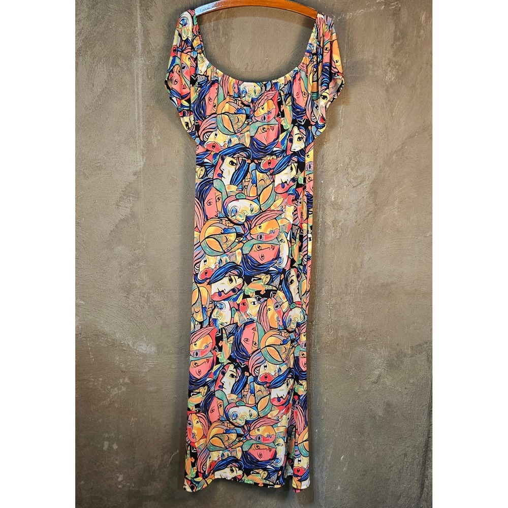 Y2K Deb Shops‎ Abstract Face Print Dress 3XL Made in USA Off Shoulder